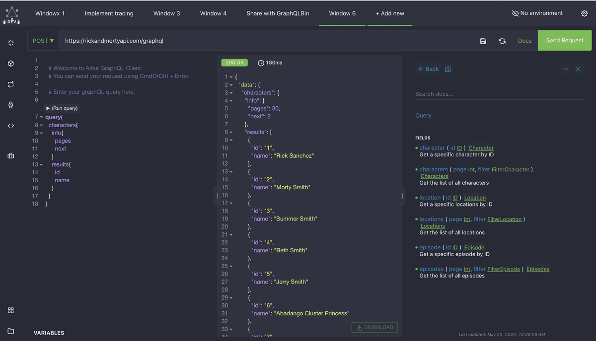 rickandmorty GraphQL query in Altair