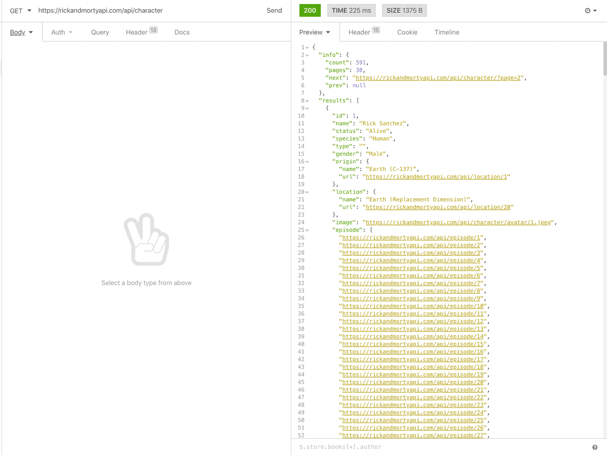 rickandmorty REST API request in insomnia