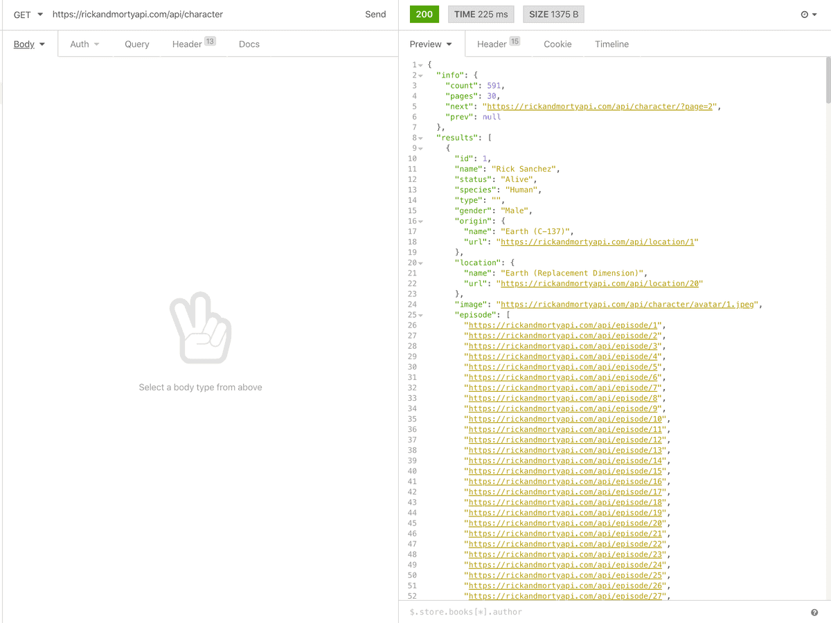 rickandmorty REST API request in insomnia